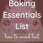 A poster with the wordings 'baking essentials list' against a blurred castle cake image.