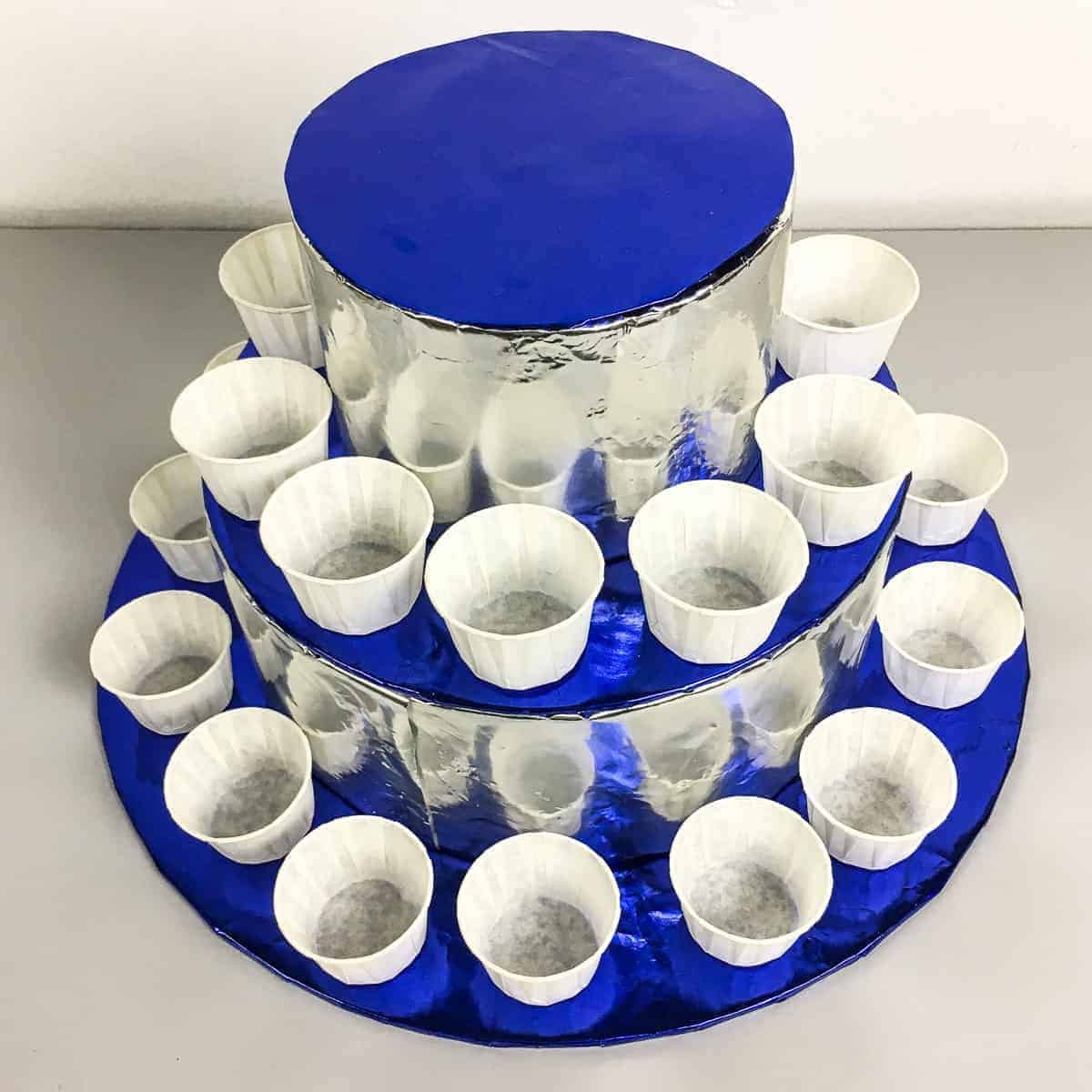 DIY cupcake stand in blue and silver
