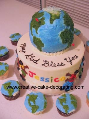 2 tier cake with the second tier decorated to look like the planet Earth.