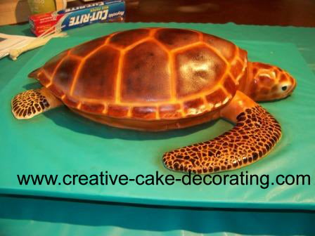 A 3d turtle cake in brown on a green cake board