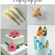 A poster with flower spikes, a gum paste hibiscus and 2 cakes.