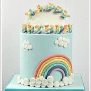 A round rainbow themed cake