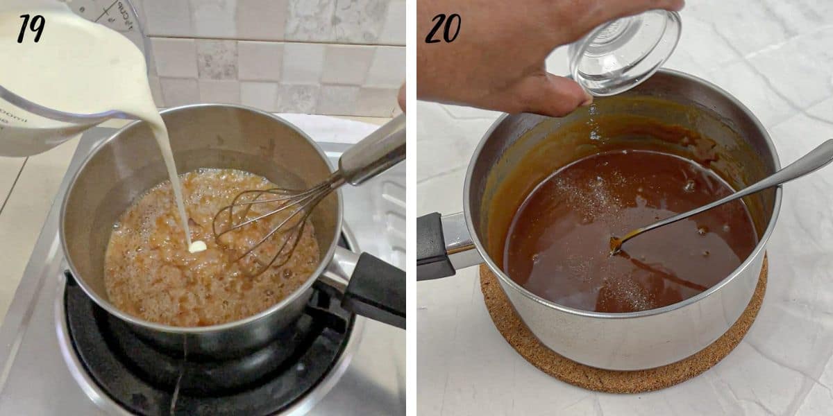 Using a hand whisk to mix cream into caramel and adding salt into caramel.