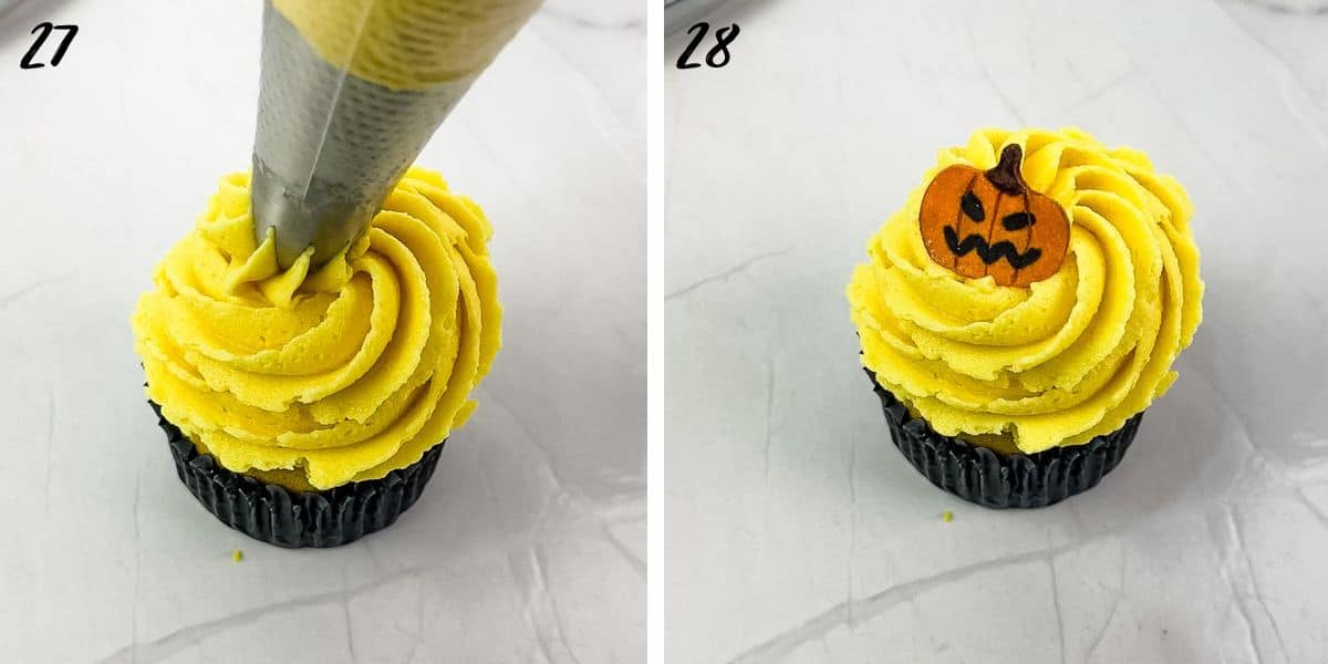 Piping buttercream swirl on a cupcake and a cupcake with pumpkin topper.