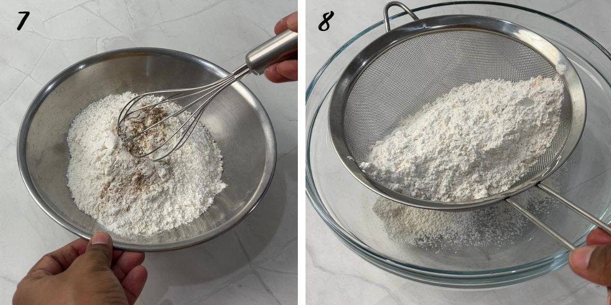 Mixing flour with a hand whisk and sifting the flour.