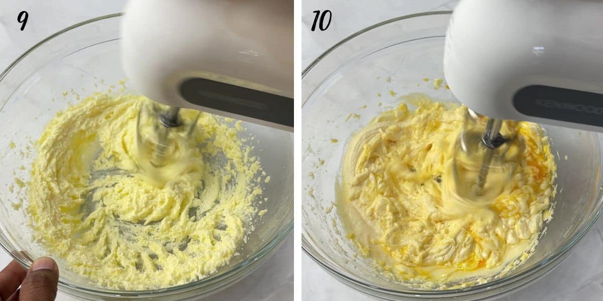 Mixing sugar and butter with a hand mixer and mixing egg into the creamed mixture.