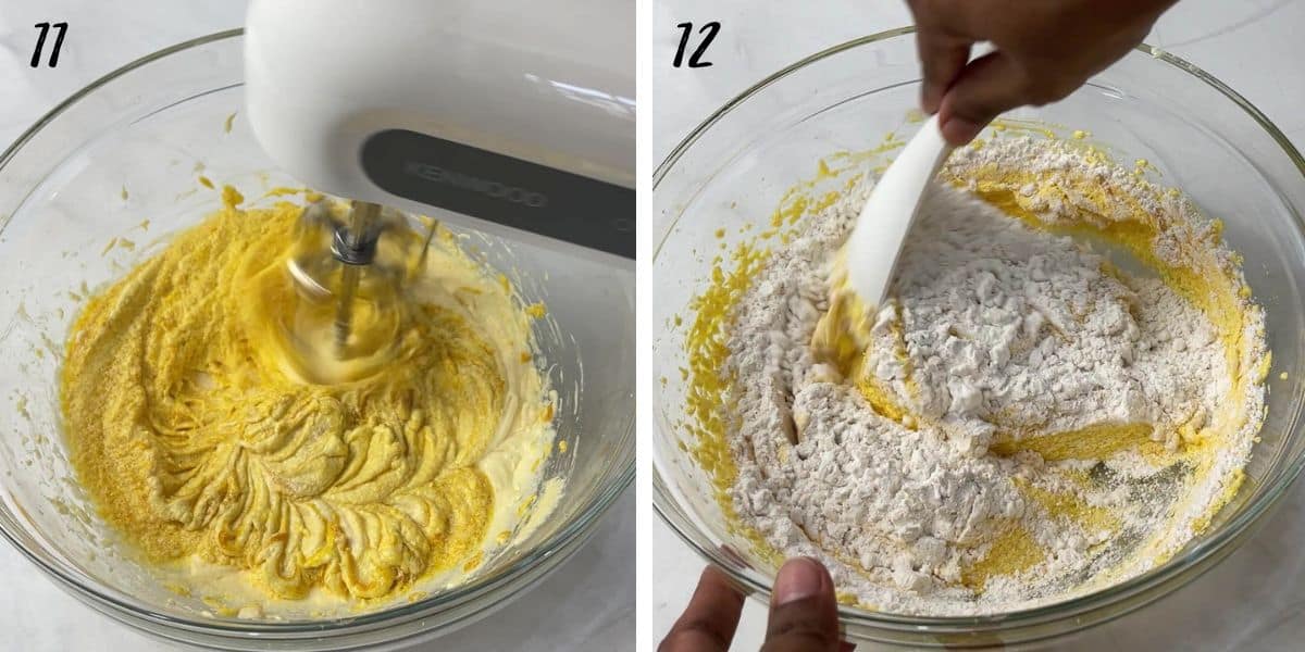 Mixing pumpkin puree into a bowl of creamed mixture and folding flour in a bowl.