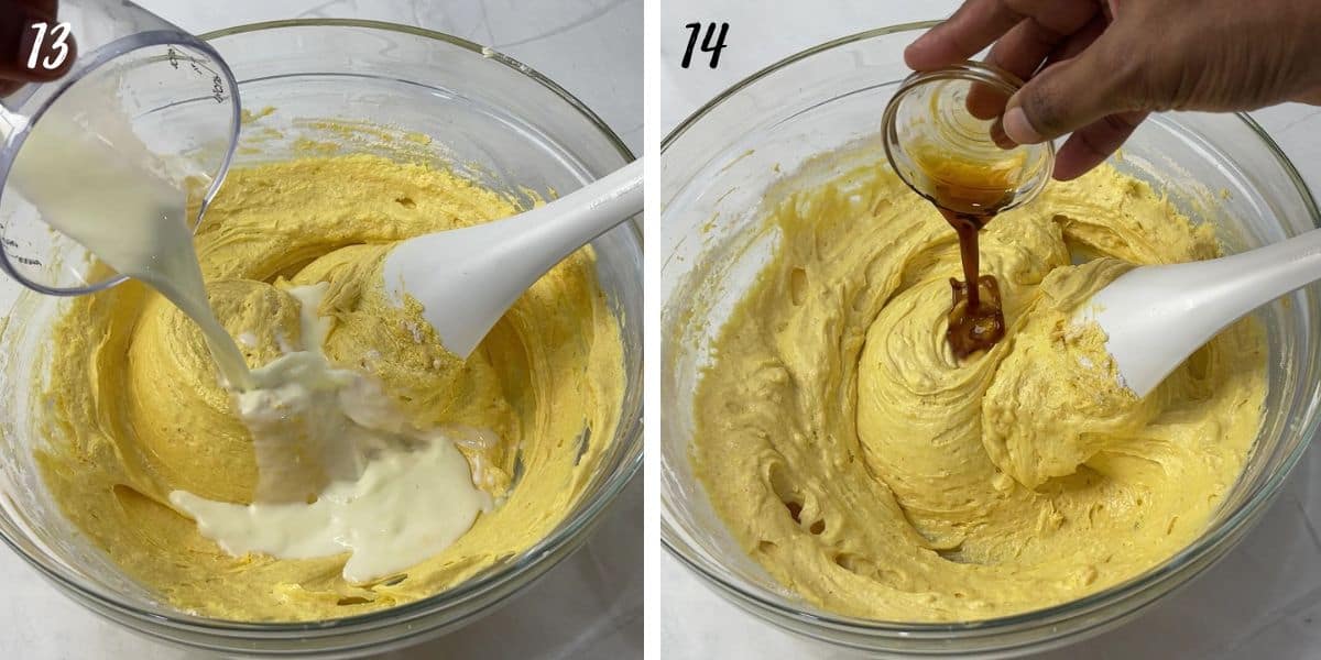 Pouring milk and vanilla extract into a bowl of batter.