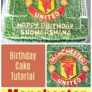A rectangle cake decorated with green buttercream grass and a large Manchester United football club logo.