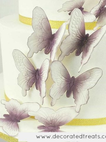 Gum paste butterfly cake decorations on a white cake.