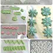Piped buttercream patterns in white, green and pink