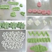 Piped buttercream patterns in white, green and pink.