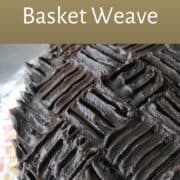 A chocolate ganache covered cake with basket weave pattern.