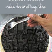 A poster showing how to create basket weave pattern on chocolate ganache with a fork.