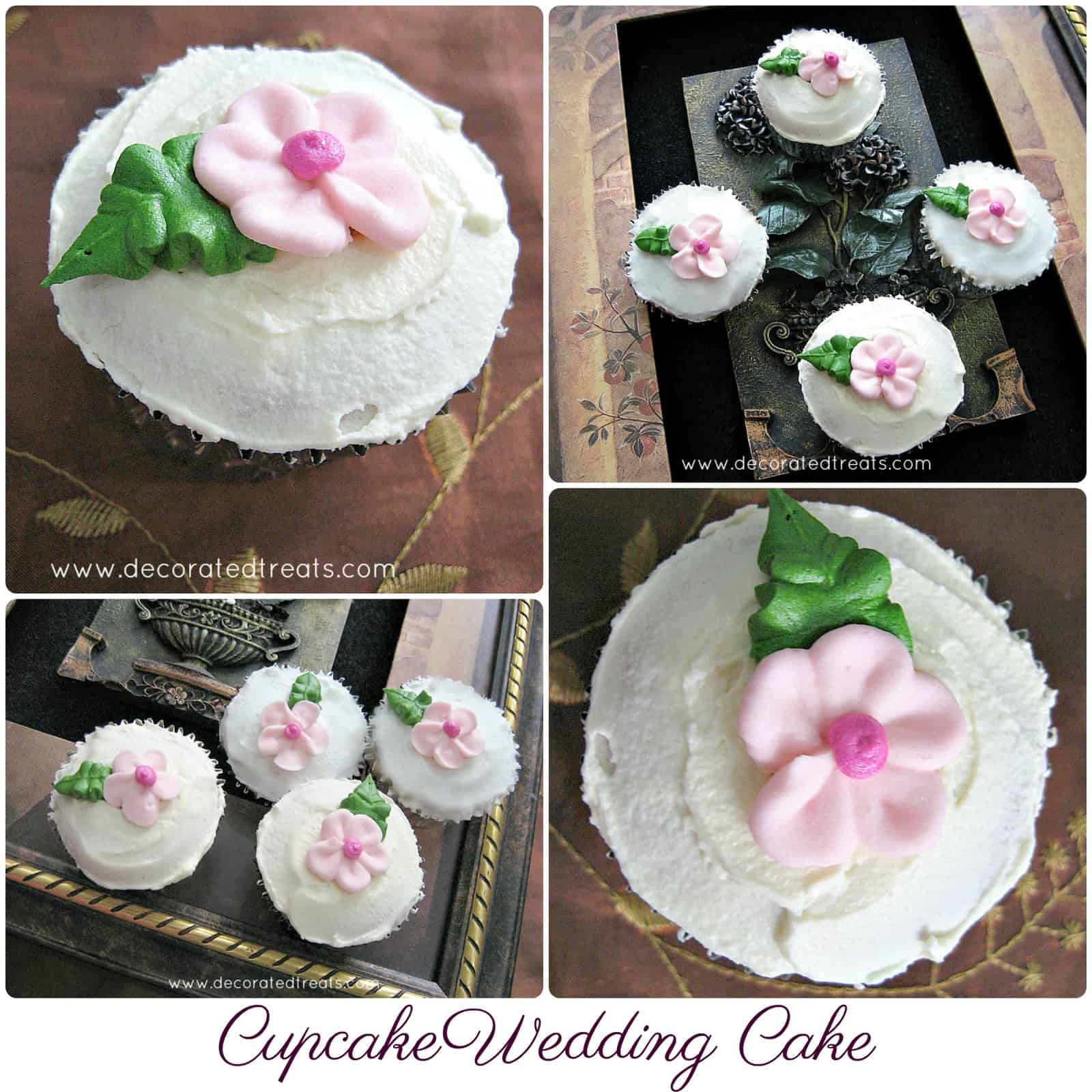 A poster cupcake wedding cake with pink floral deco