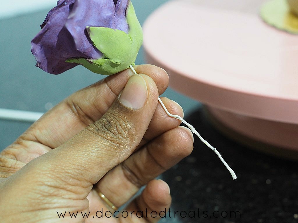 A wired purple gum paste flower