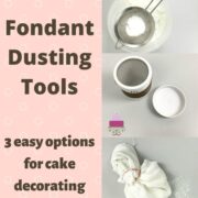 Poster for dusting tools showing a sieve with icing sugar, an icing sugar shaker and a cloth pouch tied with rubber band.