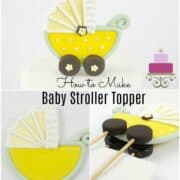 A poster of yellow and green fondant baby stroller.