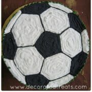 Poster for a football cake showing the top of a cake decorated in black and white like a ball