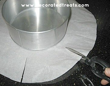 Snipping the sides of a round parchment paper with a round cake tin in the center