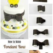 A poster of several images showing how to make a brown fondant bow.