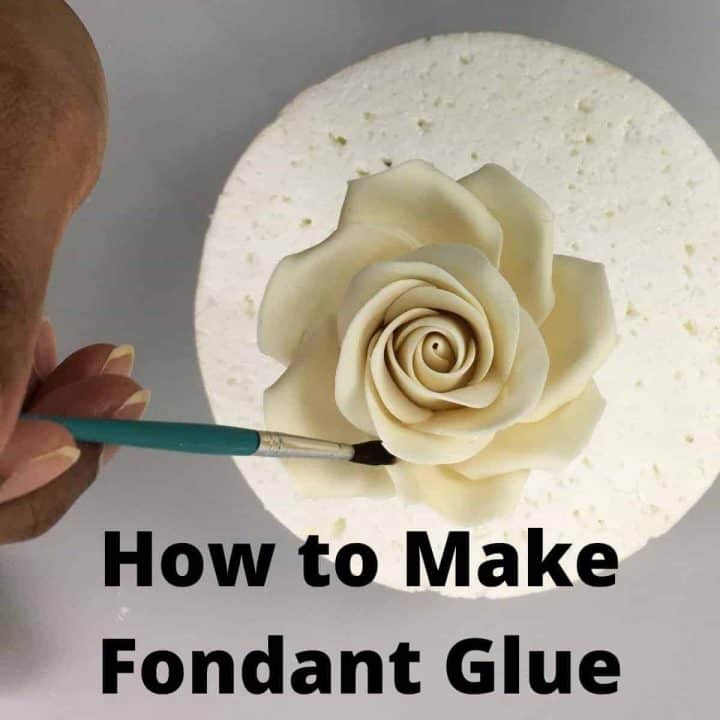 Poster for fondant glue tutorial with the image of a white gum paste rose