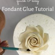 Poster for fondant glue tutorial with the image of a white gum paste rose.