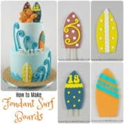 A poster of 4 fondant surf boards and a 2 tier cake decorated with hibiscus and fondant surfboards.