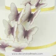 Gum paste butterfly cake decorations on a white cake.
