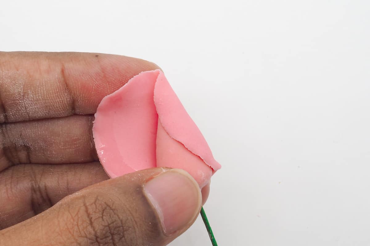 Wrapping a petal against a pink wired cone