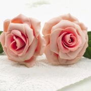 2 pink gum paste roses on a white tissue. Also attached are 2 green leaves on either side.