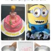 A poster of images with a Minion cake, a doll cake and images pointing to cake tins.