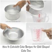 Poster on how to calculate cake recipes with images of cake tins and measuring jugs.