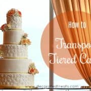 Poster on how to transport a cake with a 5 tier cake in the background.
