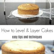 A poster of 2 images showing how to level cakes.