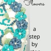 Turquoise and blue buttercream flowers arranged in a circular pattern around the top edges of a round cake covered in buttercream.
