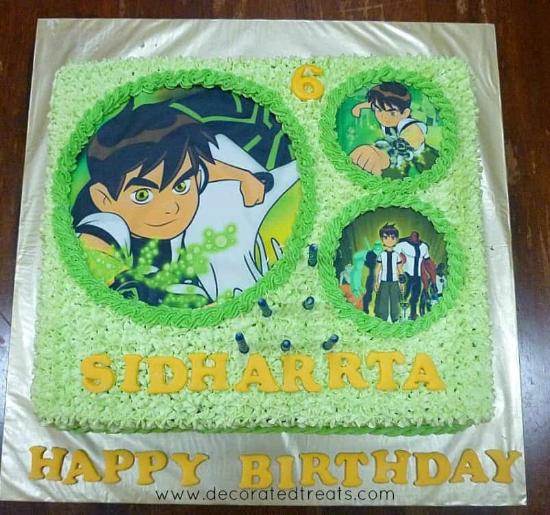 Ben 10 themed square birthday cake decorated in green buttercream and Ben 10 edible images