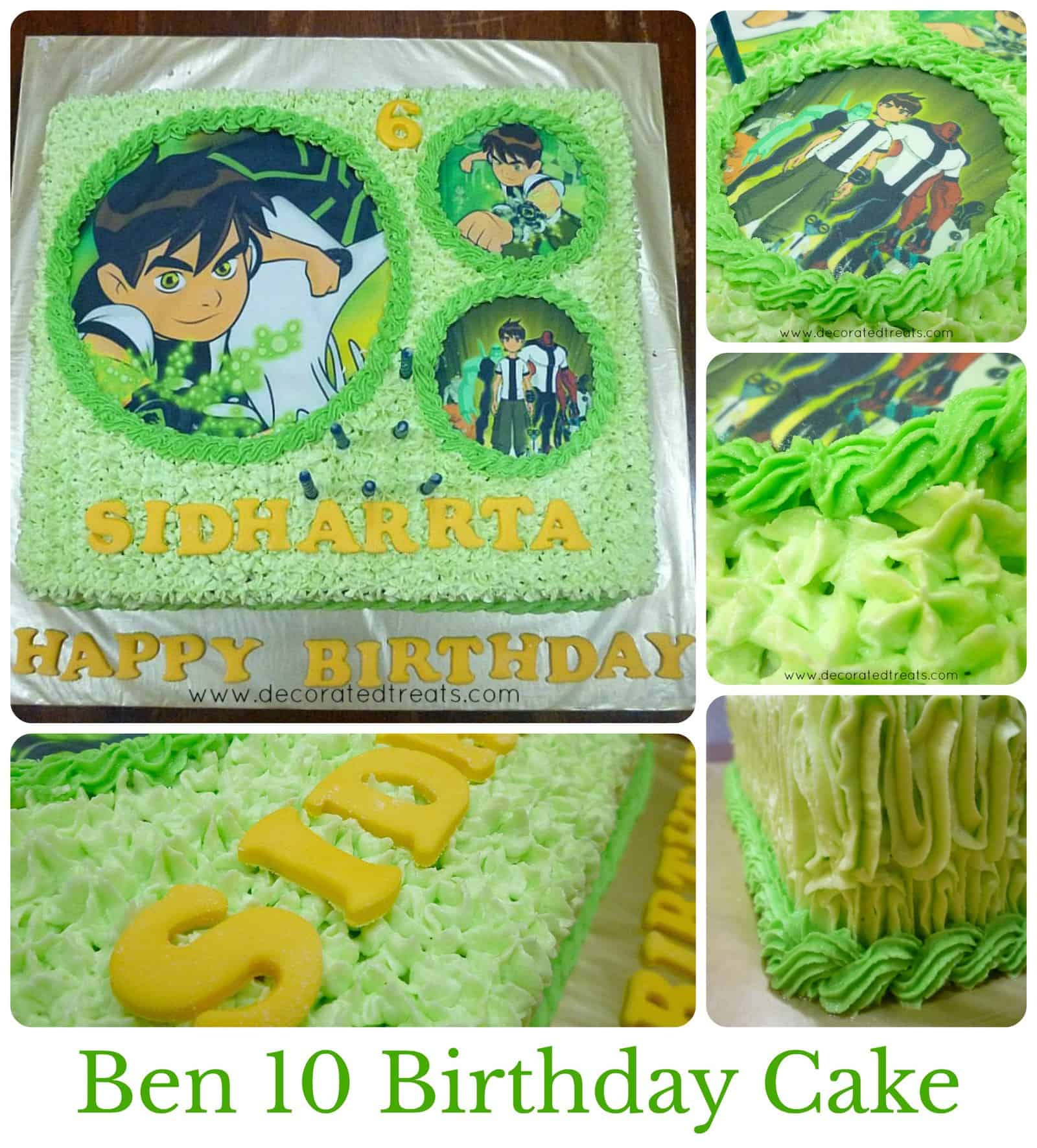 Ben 10 themed square birthday cake decorated in green buttercream and Ben 10 edible images