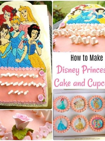 Poster for a cake decorated with Disney Princesses images and a set of matching cupcakes