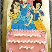 A buttercream cake decorated with images of Disney Princesses in buttercream piping