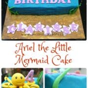 A Little Mermaid sheet cake decorated in buttercream and toy Ariel topper. On Ariel sides are fondant Sebastian and a yellow octopus