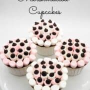 4 cupcakes on a plate, decorated with mini white and pink marshmallows and chocolate chips.