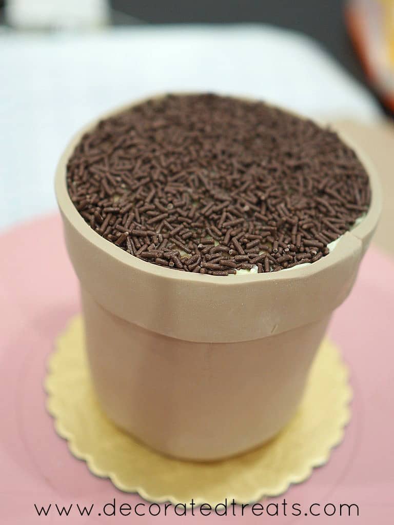 Chocolate sprinkles on a flower pot shaped cake