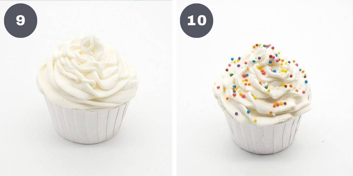 A cupcake with white frosting and a cupcake with white frosting and sprinkles.