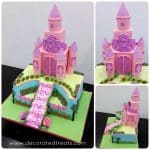 Poster for a pink and purple princess castle cake on a garden cake.