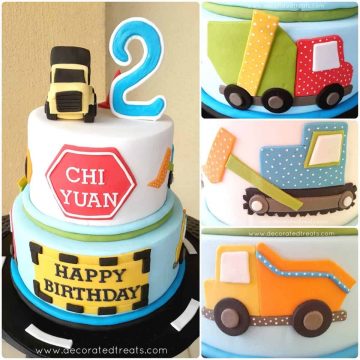 Poster for a 2 tier cake decorated with a truck toppers. The sides of the cake is decorated with 2D designs of various types of trucks.