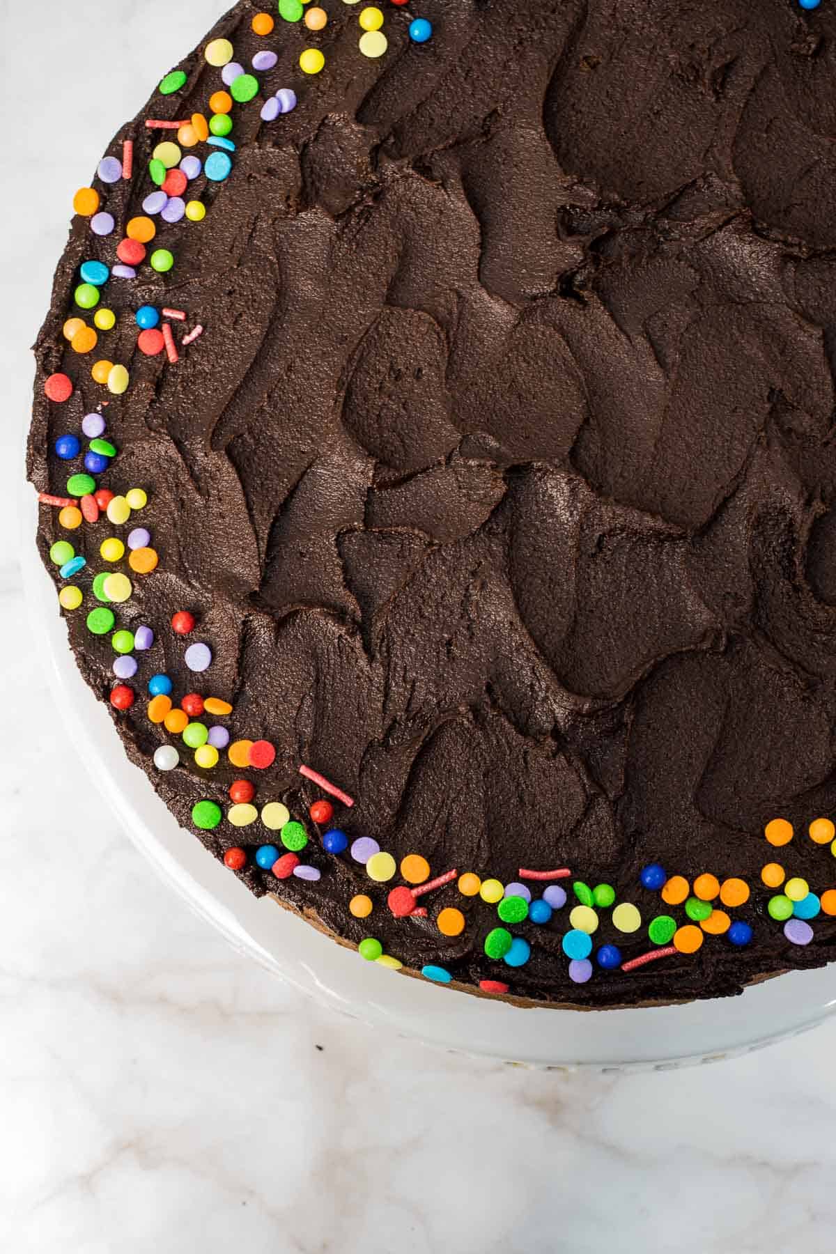 Close up of a round chocolate cake covered in chocolate icing and decorated with colorful sprinkles on the edges.