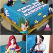 A square blue cake decorated with Ariel the Little Mermaid characters