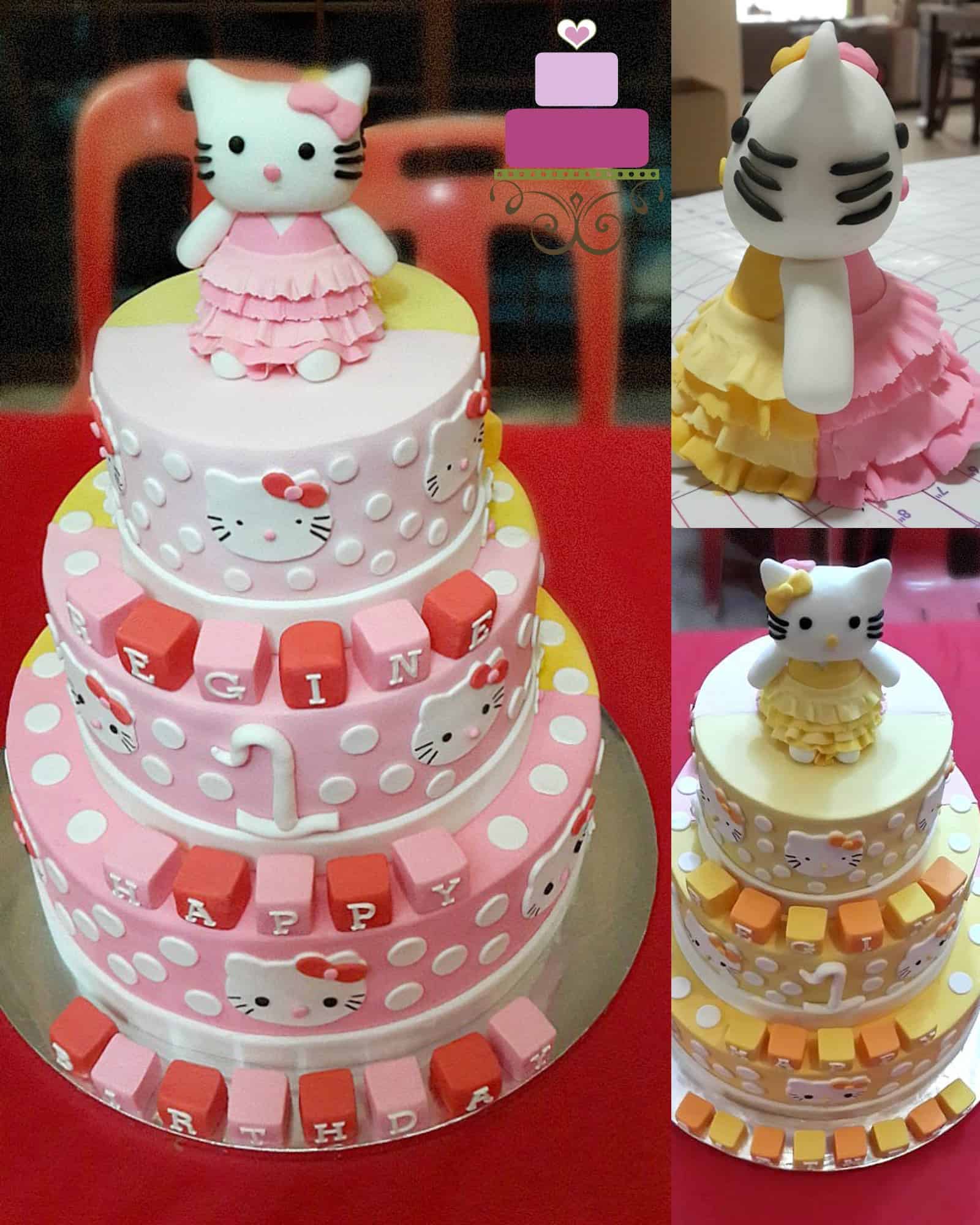 A dual toned Hello Kitty, 3 tier cake with Hello Kitty topper.