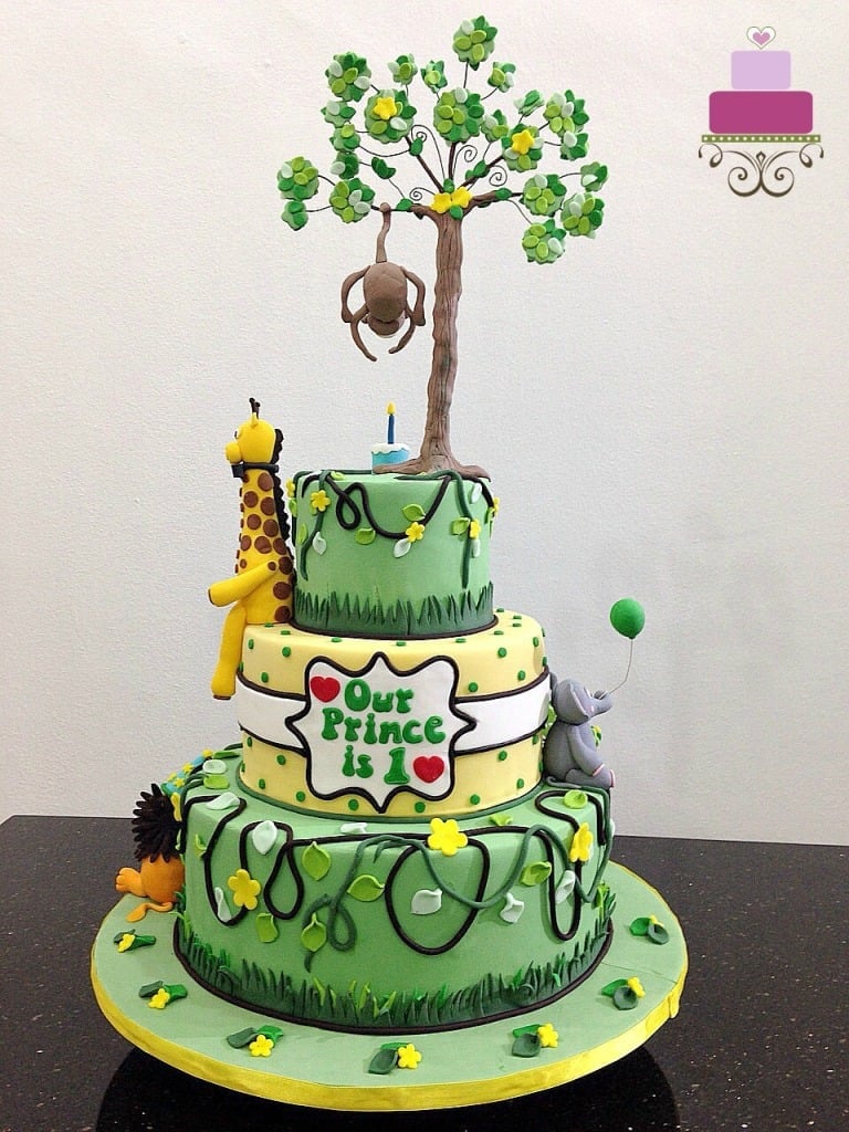 Poster for a 3 tier jungle themed cake with fondant animal toppers